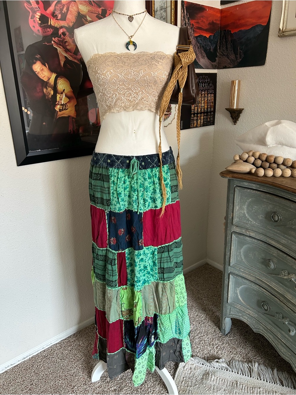 Cottagecore Patchwork Maxi Skirt Size Large Boho Tiered Colorful Elastic Waist